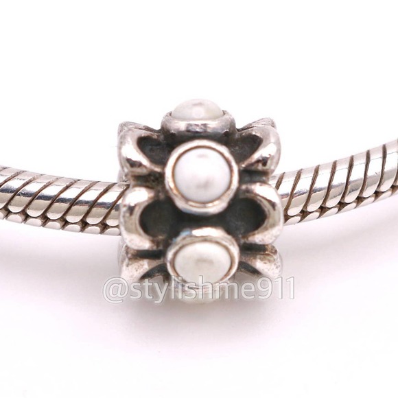 Authentic PANDORA Sterling Silver Forget Me Not White Agate Charm - Picture 1 of 9